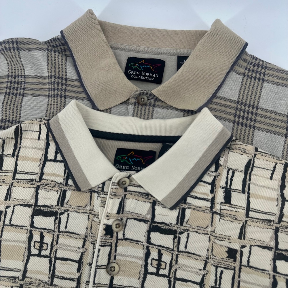 Lot 2 VTG Greg Norman Polo Shirts Mens Large Tan Brown Plaid Geometric Y2K 90s